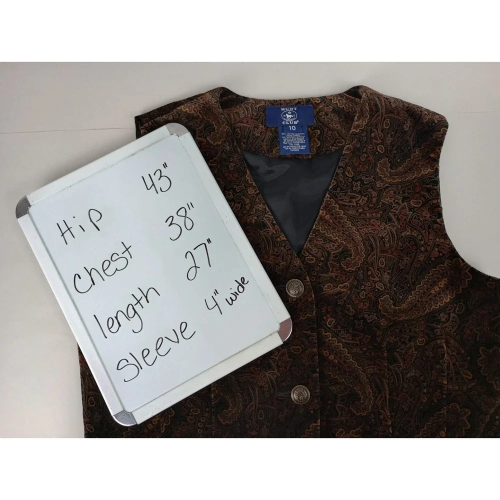 VTG Hunt Club Women's 10 Brown Paisley Velvet Button Up Lined Vest Pockets